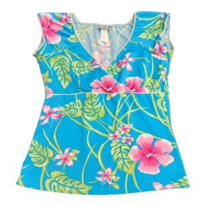 RAVE 90's Y2k Babydoll Top Medium Blue Tropical Floral V Neck Vintage Preppy USA